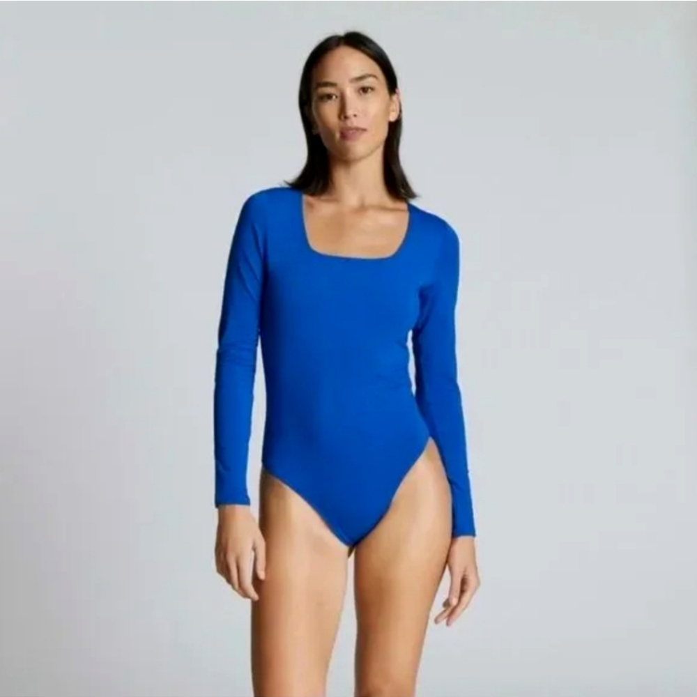 Blue Long-Sleeve Square Neck Bodysuit